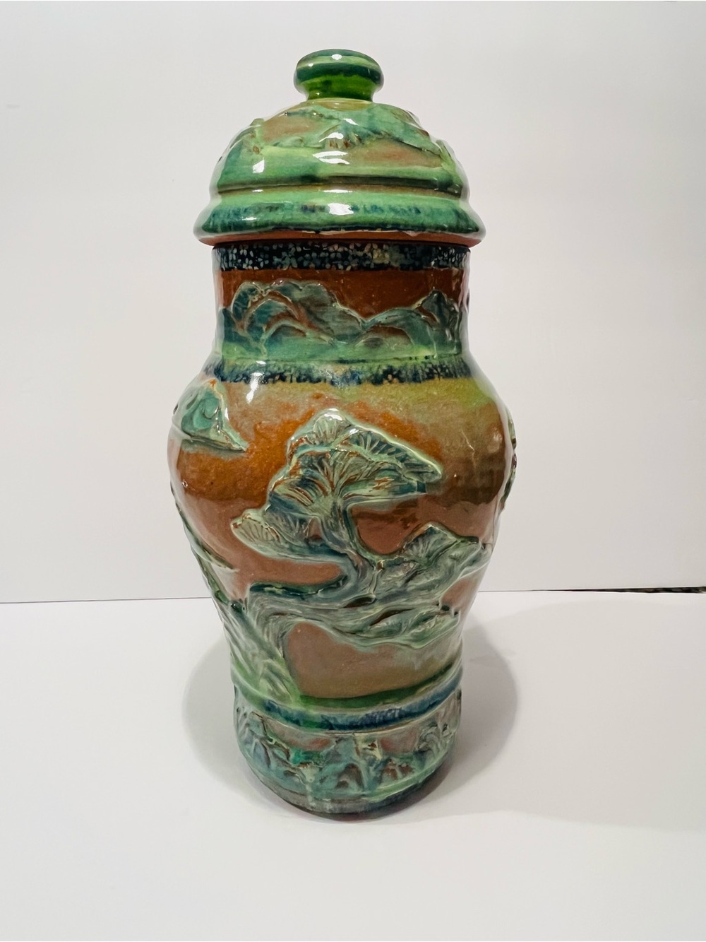 Vtg Ceramic Art Pottery Asian Motif Hand Crafted Lidded Vase Glazed Very Rare
